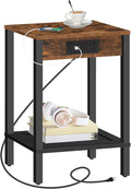 HOOBRO Side Table with Charging Station, End Table with USB Ports and Outlet, Nightstand with Storage Shelf, Faux Rattan Decoration, for Living Room, Bedroom, Rustic Brown and Black BF91UBZ01