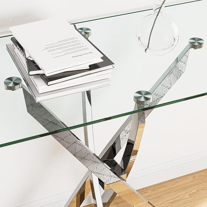 Tempered Glass Console Table with Chromed Legs, Modern Narrow Sofa Table for Hallway Entryway (Sliver, 39"x18"x30")
