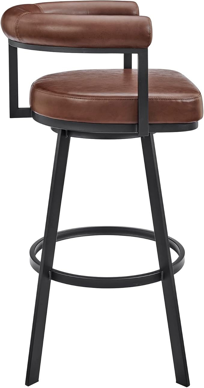 Armen Living Magnolia Swivel Bar Stool in Black Metal with Brown Faux Leather