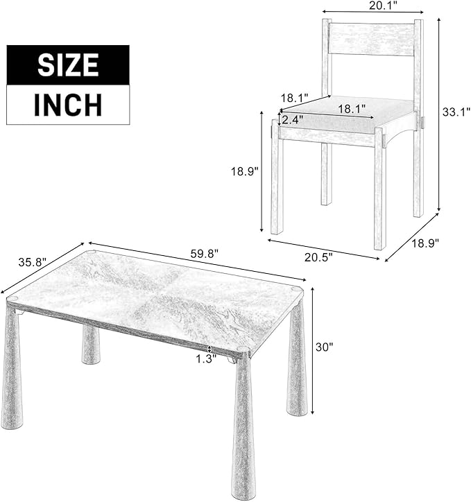 Dining Table with Chairs Set of 6, 7-Piece 60" Farmhouse Rectangular Dining Room Table with 6 Upholstered Solid Wood Chairs, Space Saving Kitchen Tables for Small Place, Natural Rubber Wood