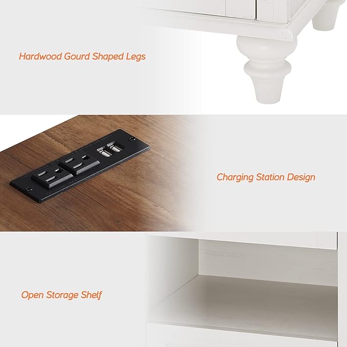 WAMPAT Set of 2 Nightstands with Charging Station & 2 Drawers, Mid Century Modern End Tables Side Table for Living Room, White Wooden Nightstand Bedside Table for Bedroom & Dorm