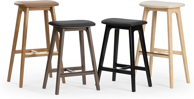 Plank+Beam Beryl Bar Height Stool - Mid-Century Modern Rubberwood Bar Stool with Faux Leather Seat, Metal Footrest, Easy Assembly, 2-Pack, Pecan/Toffee