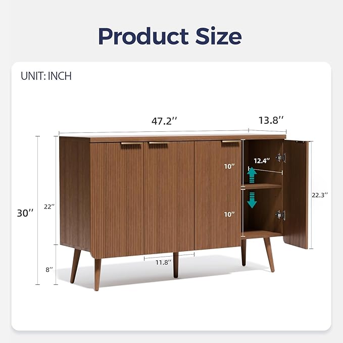 47.2" Buffet Cabinet with 4 Doors, Accent Sideboard Cabinet with Adjustable Shelf, Dining Room Sideboard with Waveform Panel, Credenzas for Living Room, Hallway, Walnut