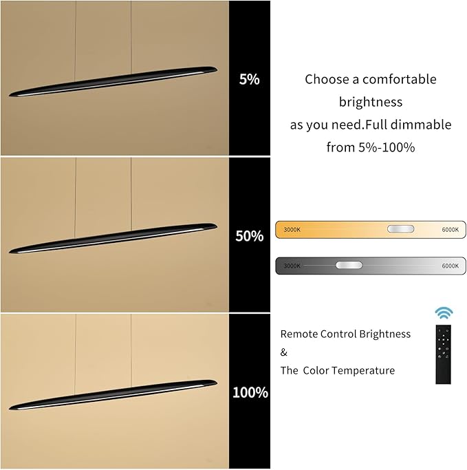59inch Integrated Led Pendant Light 40w Dimmable Wood Black Linear Pendant Lighting Led Modern Island Light with Black Finish for Living Room Dining Room Billiard & Pool Lights