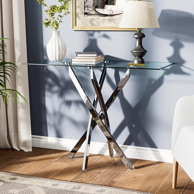 Tempered Glass Console Table with Chromed Legs, Modern Narrow Sofa Table for Hallway Entryway (Sliver, 47"x18"x30")