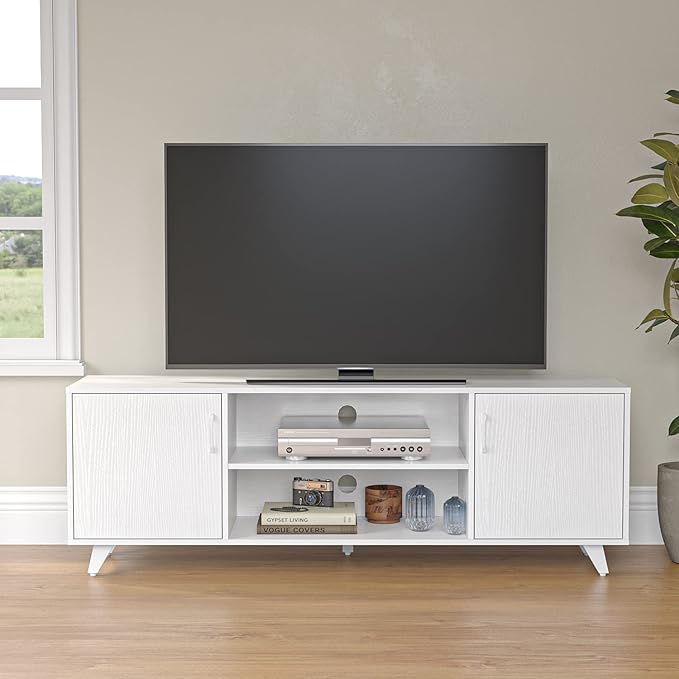 Panana TV Stand for TV up to 50 Inches, 2 Doors Entertainment Center with Open Shelves Storage, TV Console Unit for Living Room Bedroom (White)