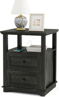 Vipbear Farmhouse Nightstand 18" Dark Gray End Table with Charging Station & 2 Drawers, Rustic Bedside Table with Storage Shelf for Bedroom, Living Room,18.1" D x 18.1" W x 24.2" H