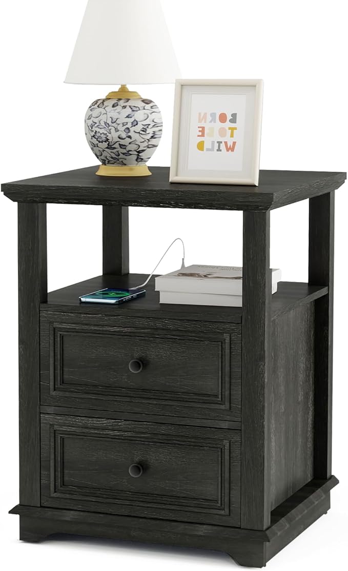 Vipbear Farmhouse Nightstand 18" Dark Gray End Table with Charging Station & 2 Drawers, Rustic Bedside Table with Storage Shelf for Bedroom, Living Room,18.1" D x 18.1" W x 24.2" H, Set of 2