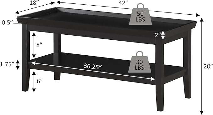Convenience Concepts Ledgewood Coffee Table 42" - Modern Center Room Accent with Storage Shelf for Transitional, Traditional Living & Family Room, Black