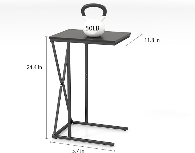 Manora TV Dinner Tray Table, C Shaped End Table for Couch, Slide Under Couch Table for Small Space, Living Room or Bedroom, Black
