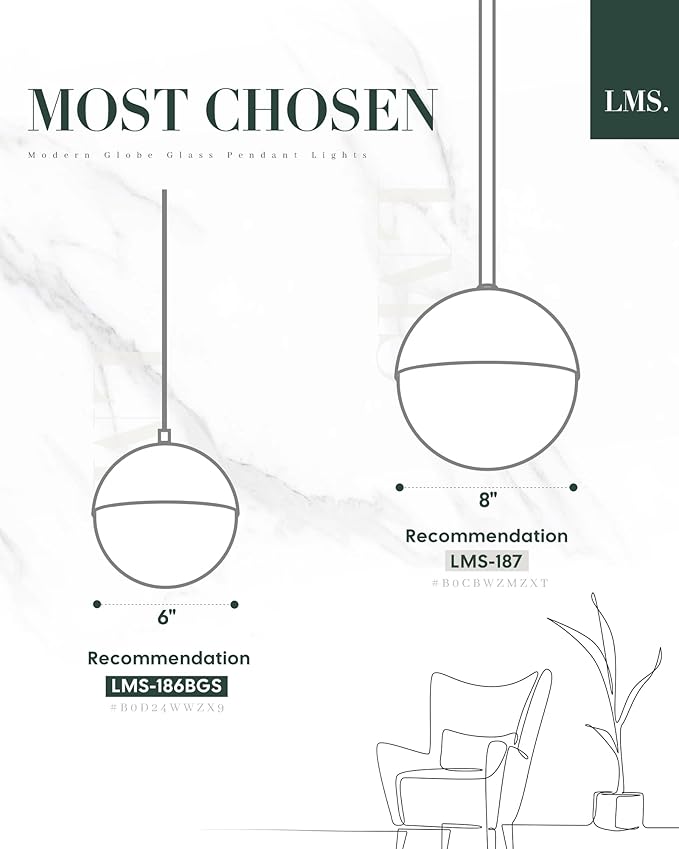 LMS 6-inch Modern Pendant Light, Matte Black Kitchen Pendant Light with Clear Globe Glass, Adjustable Hanging Farmhouse Pendant Light Fixtures for Dining Room Living Room Kitchen Island, LMS-186BKCS
