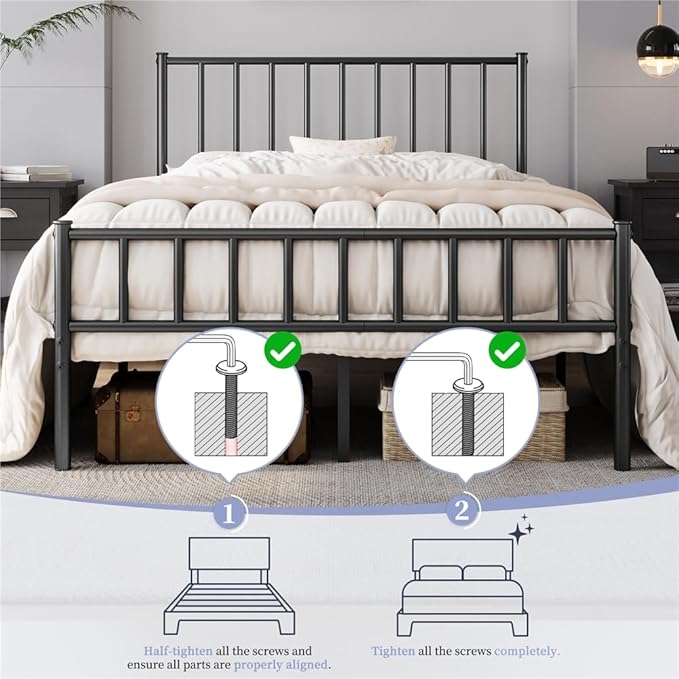 Yaheetech 14 Inch Queen Size Bed Frame Metal Platform Bed with Spindle Headboard Footboard/Mattress Foundation/No Box Spring Needed/Underbed Storage Space/Steel Slat Support/Easy Set up, Black
