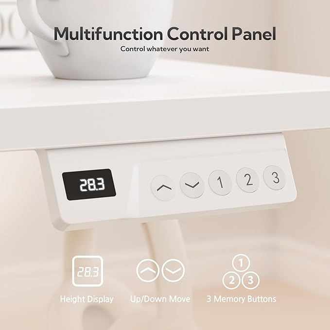 Seang Standing Desk with Drawer, 55" x 24" Height Adjustable Stand Up Desk, 3 Memory Height Settings with Cable Grommets & Storage Hooks, Ideal for Home & Office, White