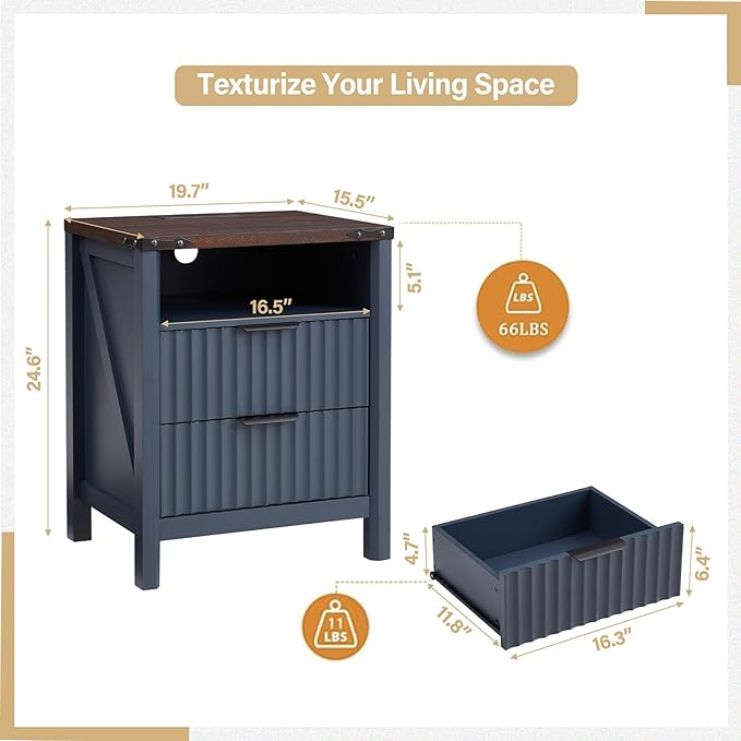Navy Blue Nightstand with Charging Station - 20 Inch Wide Farmhouse Fluted Bedside Table with 2 Drawers, Modern Wood End Side Table for Bedroom Study Storage Home