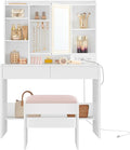 VASAGLE Vanity Desk with Power Outlets, Makeup Vanity with Mirror and Lights, Upholstered Vanity Stool, Dimmable LED Lights, 6 Compartments, 2 Drawers, for Bedroom, Cloud White URDT031W01