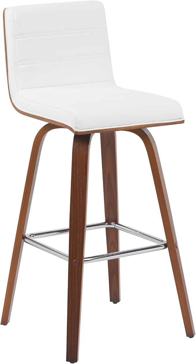 Vienna Modern Swivel Bar Height Stool with Snow White Faux Leather Seat and Walnut Finished Wood Frame Set of 4