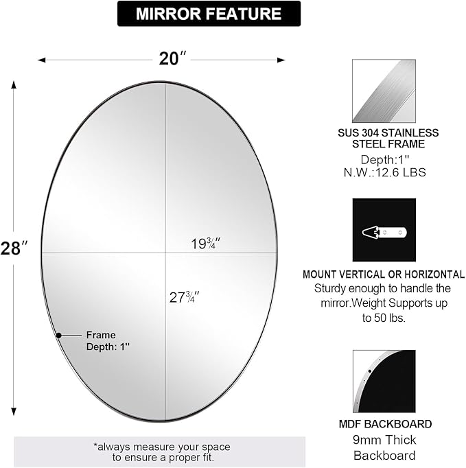 ANDY STAR Brushed Nickel Oval Wall Mirror, 20x28, Modern Bathroom Mirror, Sturdy Stainless Steel Frame, Clear Reflection, Anti-Corrosion Backboard