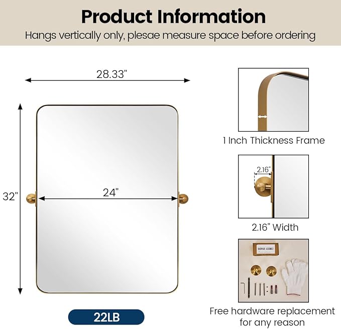 MOON MIRROR Brushed Gold Pivot Mirror,Brass Tilt Rectangle Pivot for Bathroom, Overall 28.33 x 32 in (Mirror 24x 32 in)