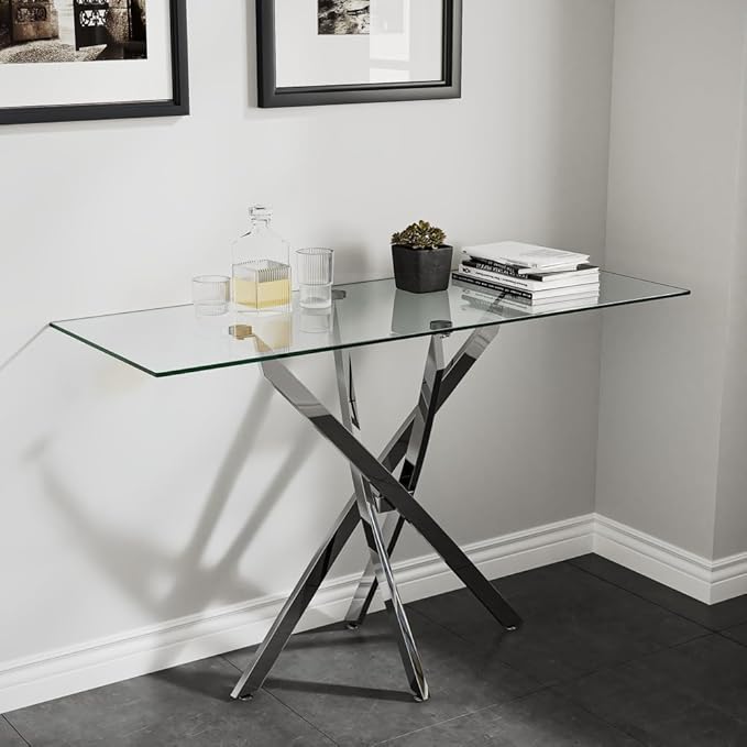 Tempered Glass Console Table with Chromed Legs, Modern Narrow Sofa Table for Hallway Entryway (Sliver, 47"x18"x30")