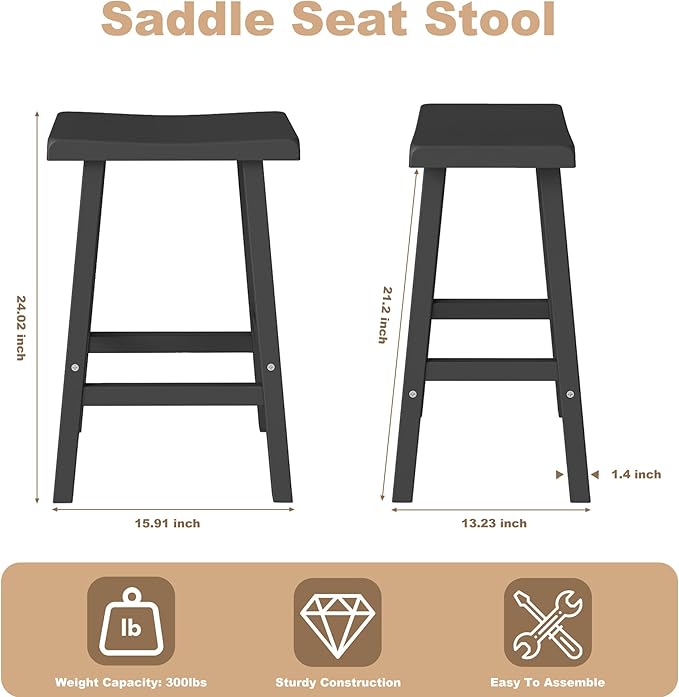 Bar Stools Set of 4, Waterproof UV-Resistant,Durable Resin Kitchen Island Chairs for Indoor & Outdoor Use, Modern Design for Home,Bar,and Cafe (24'' Black-4)
