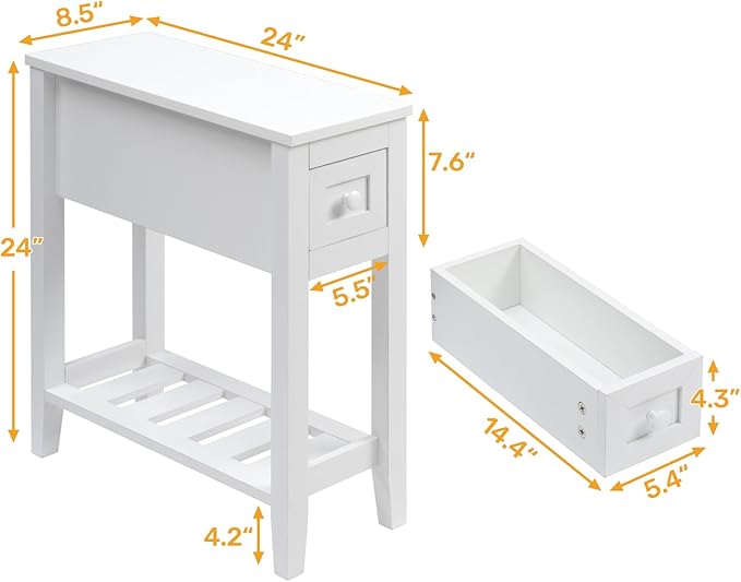 Narrow Side Table for Small Spaces, White Side Table with Drawer, Slim Bed Side Table/Night Stand Set of 2, Couch Side Table