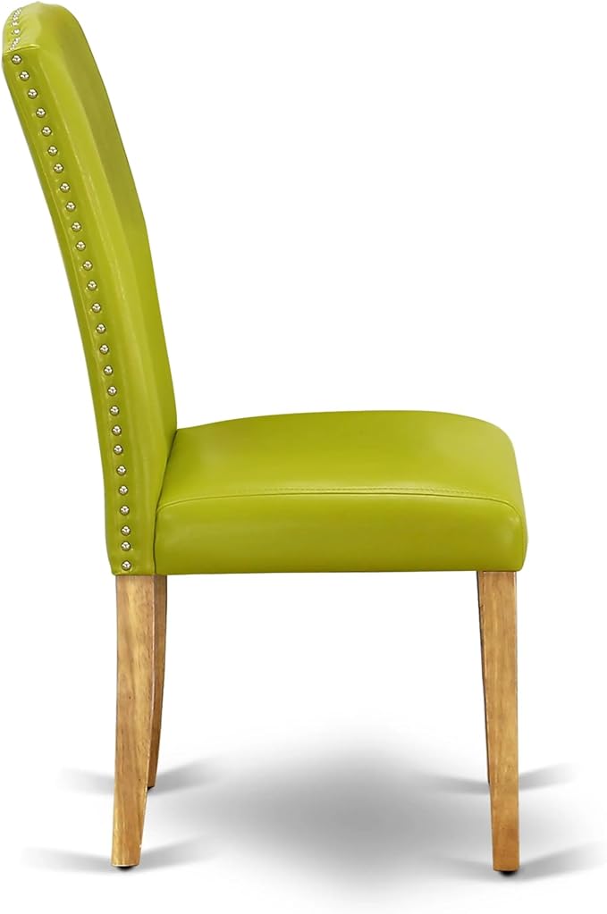 East West Furniture ANEN3-OAK-51 3 Piece Modern Dining Table Set Contains a Round Kitchen Table with Pedestal and 2 Autumn Green Faux Leather Upholstered Chairs, 36x36 Inch, Oak