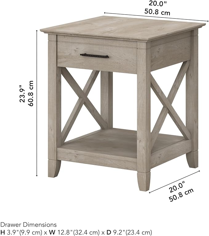 Bush Home End Table with Drawer, Nightstand with Storage, Living Room and Bedroom Furniture, Key West Collection, Washed Gray
