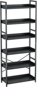 Rolanstar Bookshelf 6 Tier with 4 Hooks, Industrial Bookcase, Vintage Storage Rack with Open Shelves, Rustic Standing Bookshelves Metal Frame Display Rack for Living Room, Bedroom, Black