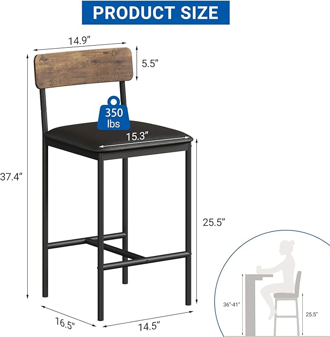 GarveeHome Bar Stools Set of 2, Upholstered Height Bar Stools with Backrest and Footrest, Kitchen Barstools for Island,Counter Bar, Easy Assembly, Rustic Brown