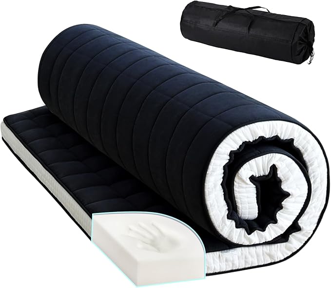 Tiita Japanese Floor Mattress, 4” Thicken Futon Mattress with Storage Bag and 2 Straps，Queen Size Sleeping Tatami Mat for Adults，Black