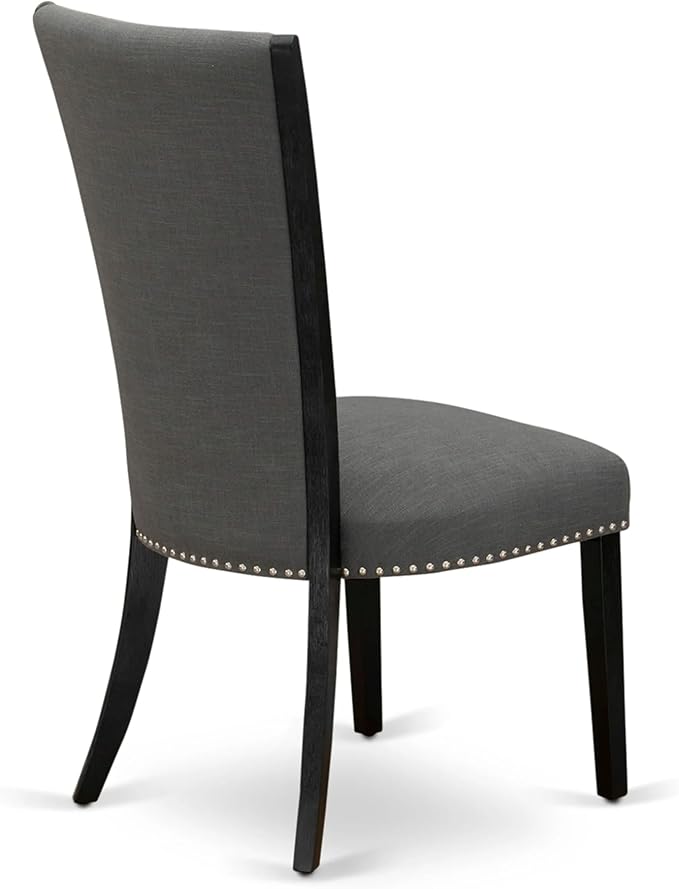 X07VE-B06-50 - 9-Pc Dining Room Table Set a Rectangular Dining Table and wooden Benches and 7 Dark Gotham Grey Linen Fabric Dining Chair, 39x120 Inch, Wire Brushed Black