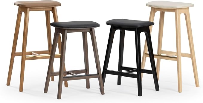 Plank+Beam Beryl Counter Height Stool - Mid-Century Modern Rubberwood Bar Stool with Faux Leather Seat, Metal Footrest, Easy Assembly, 4-Pack, Blonde/Sesame