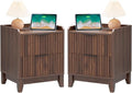 Wnutrees Fluted Nightstand with Charging Station, Modern Bedside Table with 2 Drawers, Farmhouse Wooden End Side Table for Living Room, 2Pack, Brown