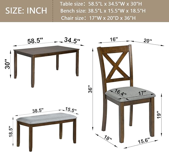 soges 6 Piece Kitchen Dining Set, Rectangular Wooden Dining Table with 4 Upholstered Chairs and a Bench, Dining Table Set for 6 People, Living Room, Home Bar and Kitchen, Walnut