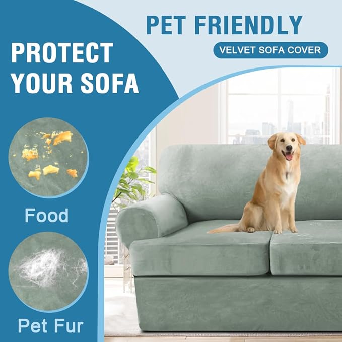 H.VERSAILTEX Sofa Cover 4 Piece T Cushion Sofa Slipcovers Thick Velvet Couch Cover Stretch T Cushion Sofa Covers for 3 Cushion Couch with 3 Individual T Cushion Covers Washable, Sea Grass