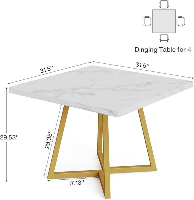 Tribesigns Square Dining Table for 10, 31.5" Modern White Dinner Table with Metal Base, Kitchen Table for Dining Room, Small Space, Apartment, White & Gold