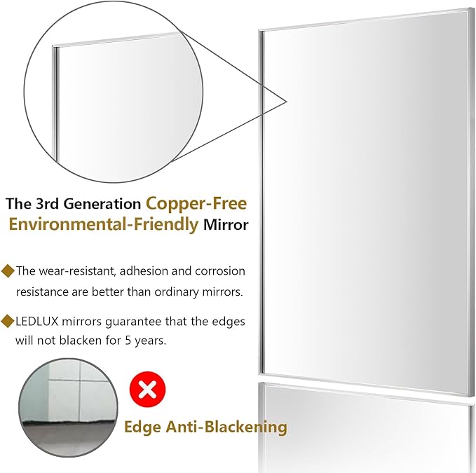 26x36 Inch Silver Bathroom Mirror - Copper-Free Mirror, Aluminum Alloy Frame Vanity Rectangle Wall Mounted Modern Mirror for Bedroom/Living Room/Porch Horizontal or Vertical