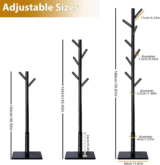 Yawinhe Coat Rack, Sturdy Woode Stand Tree with 8 Hooks, 3 Adjustable Height for Bedroom, Hallway, Entrance, Office, 11.8 x 70.8 inches, Black, 1-Pack, Square Base