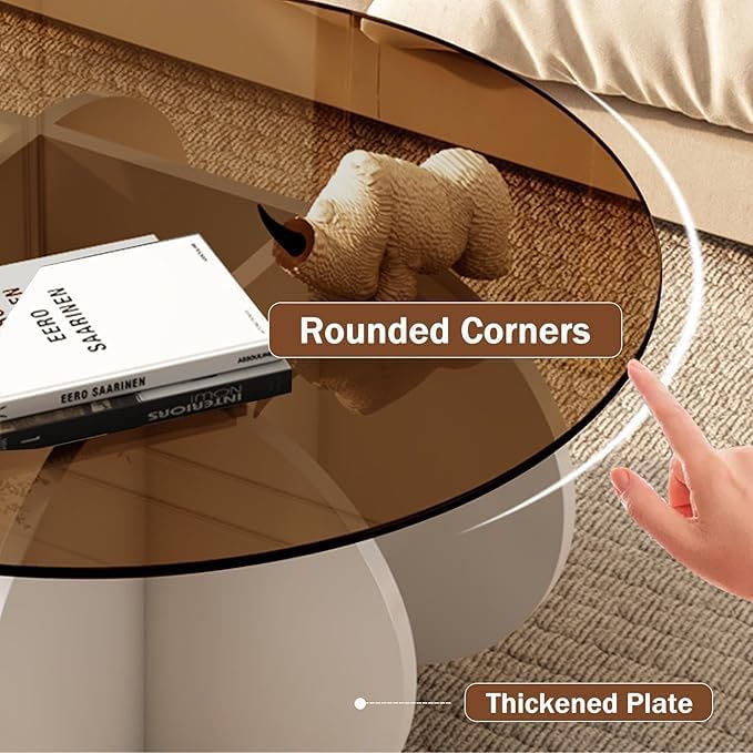 Mid Century Modern Round Glass Coffee Table for Living Room, Small Coffee Tables for Center Suitable for Bedroom Living Room Reception Office Tables (White/Brown)