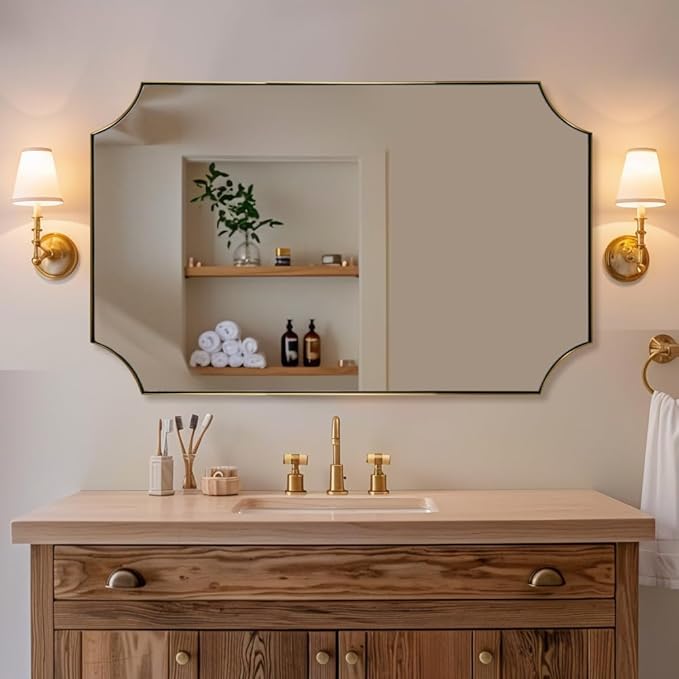 ANDY STAR 30x48 Inch Brushed Gold Mirror, Unique Rectangle Mirror for Bathroom, Large Scalloped Bathroom Mirror with Rust-Proof Stainless Steel 1" Frame, Hangs Vertically or Horizontally