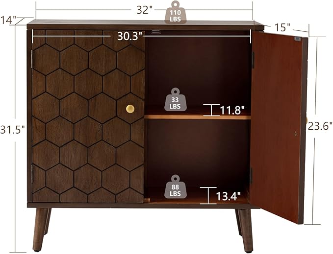COSIEST Set of 3 32" Storage Sideboards with Doors, Accent Cabinets with Magnetic Push-to-Open Doors, Brown Honeycomb Pattern, Entryway Console for Living Room, Kitchen, Hallway
