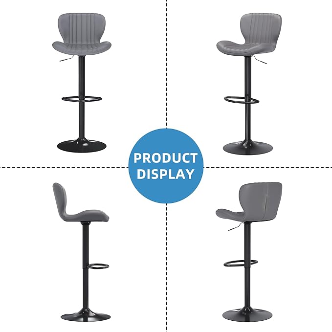 Shintenchi Bar Stools Set of 2 Modern Swivel Bar Chairs, Counter Height Faux Leather Metal Barstools, Upholstered Island Chairs with Back and Footrest, Gray