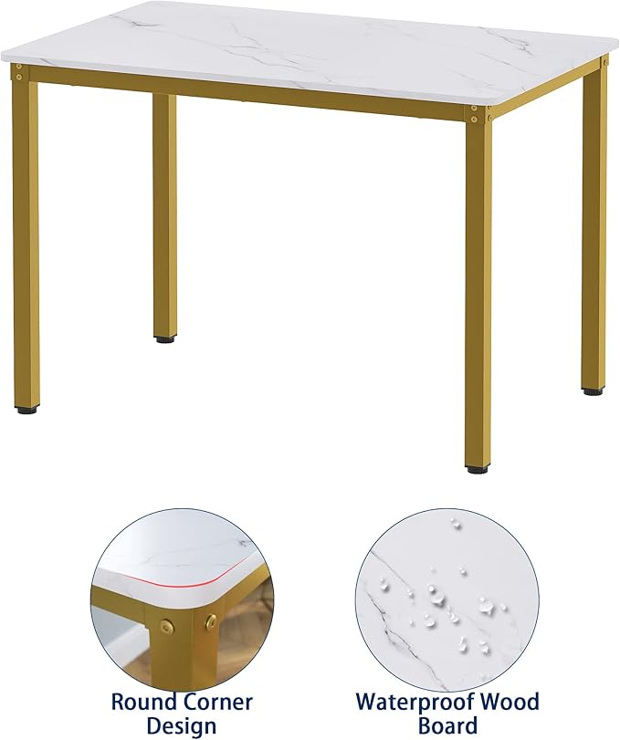 Teraves Dining Table Set for 4/Computer Desk,Kitchen Table with 2 Chairs and a Bench,Table and Chairs Dining Set 4 Picce Set for Dining Room (White Marbling+ Gold Frame,110CM)