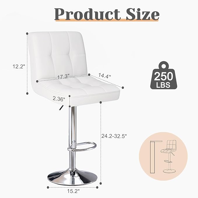 Sweetcrispy Bar Stools Set of 2, Armless PU Leather Adjustable Swivel Barstools, Hydraulic Kitchen Counter Height Thickened Seat Cushion Square Island Countertop Chairs with Back - White