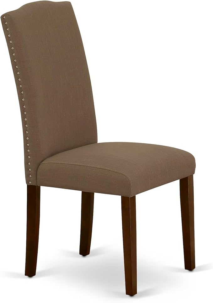 East West Furniture ANEN3-MAH-18 3 Piece Dining Room Furniture Set Contains a Round Kitchen Table with Pedestal and 2 Dark Coffee Linen Fabric Parson Dining Chairs, 36x36 Inch, Mahogany