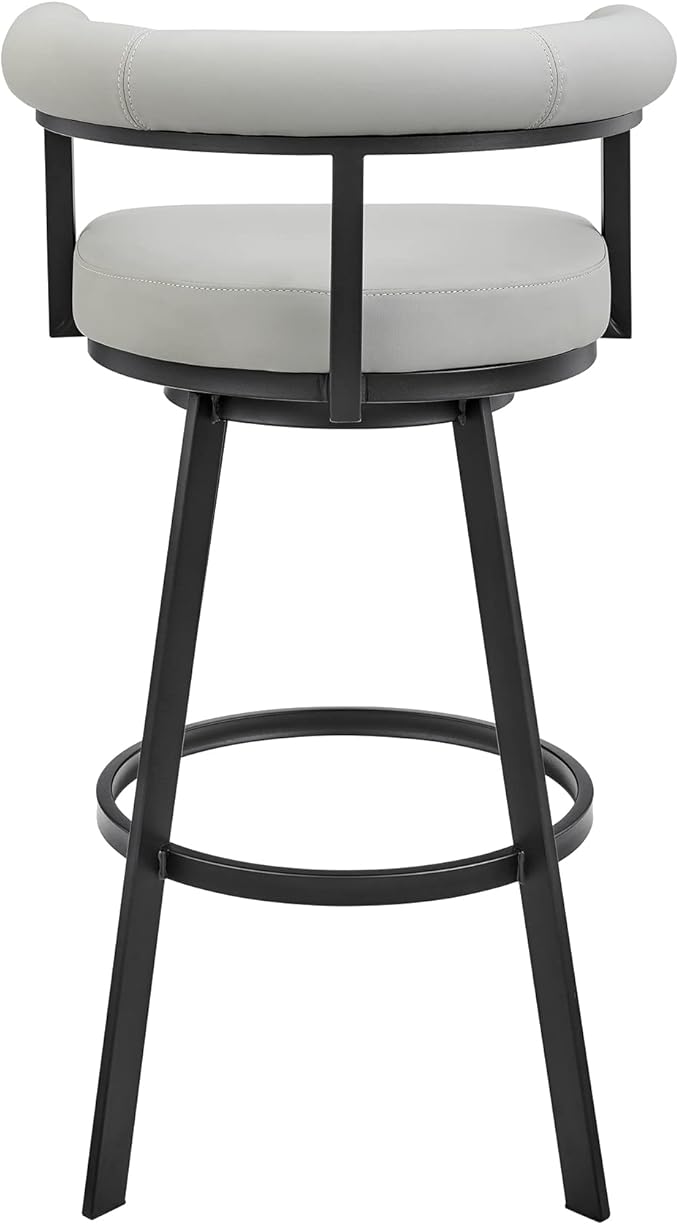 Armen Living Magnolia Swivel Bar Stool in Black Metal with Light Grey Faux Leather