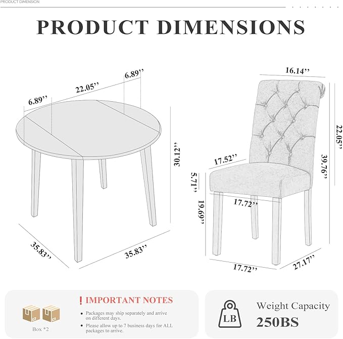 COLAMY 3-Piece Extendable Dining Table Set for 2, 36" Kitchen Round Wood Table with 2 Tufted Dining Room Chairs,Light Brown/Black