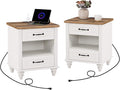 WAMPAT Set of 2 Nightstands with Charging Station & 2 Drawers, Mid Century Modern End Tables Side Table for Living Room, White Wooden Nightstand Bedside Table for Bedroom & Dorm