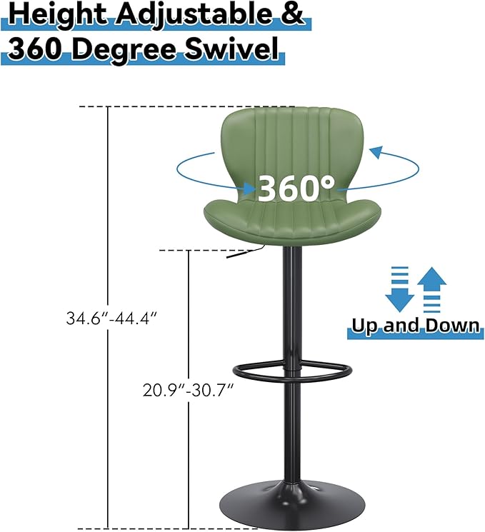 Shintenchi Bar Stools Set of 6 Modern Swivel Bar Chairs, Counter Height Faux Leather Metal Barstools, Upholstered Island Chairs with Back and Footrest, Green