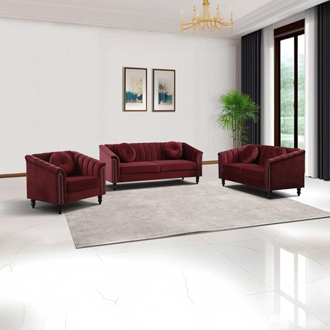 Accent Chair, Single Couch Chair with Style Button Tufted, Scroll Arms and Nailhead for Living Room, Office, Apartment-Red